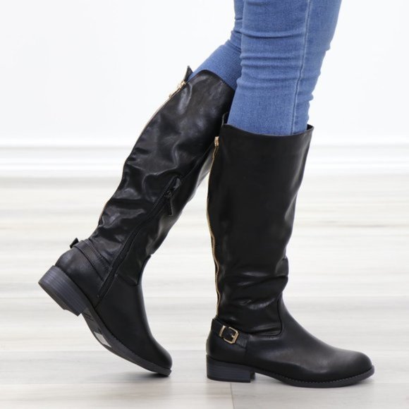 Rider Chick Mid Calf Boots Gold Buckle & Zipper - Picture 3 of 12